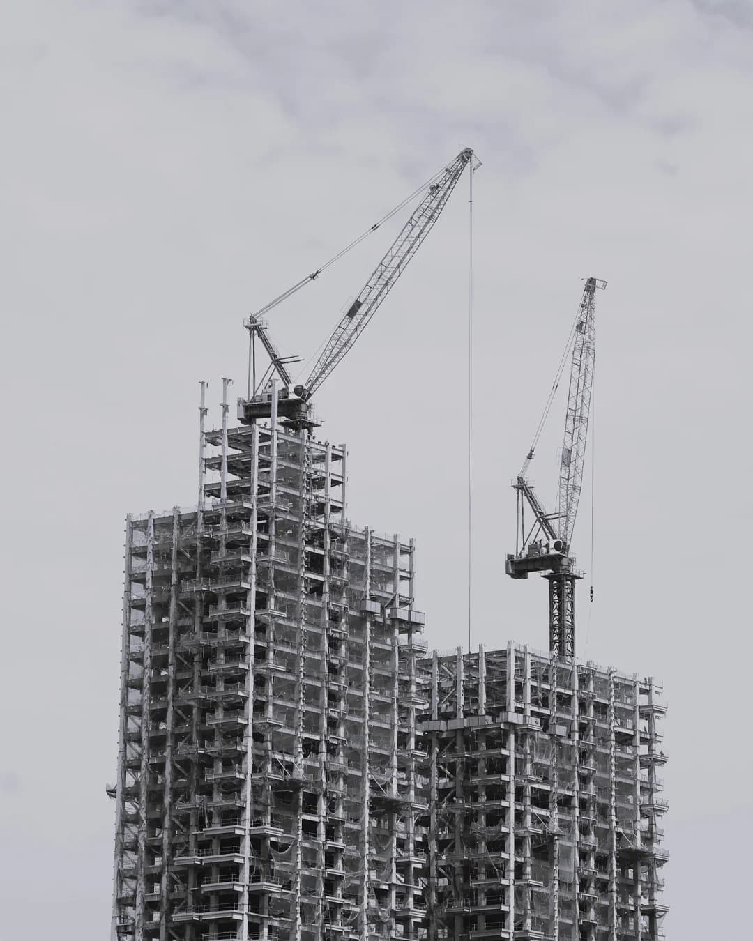 Construction cranes rising above a developing high-rise